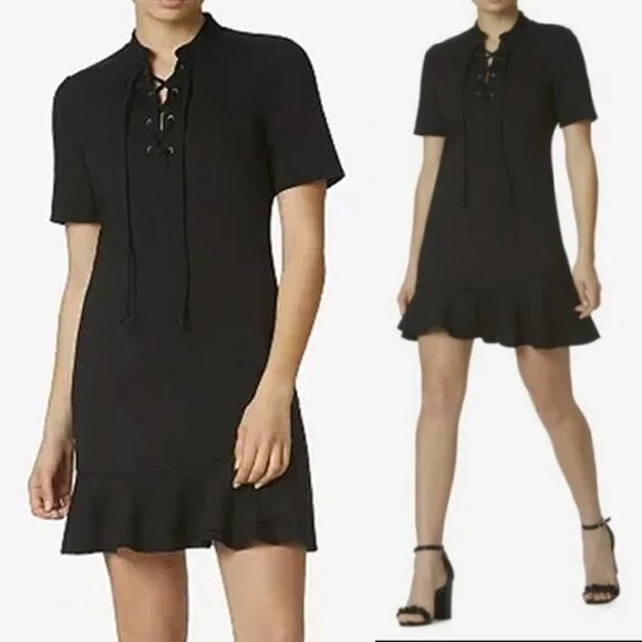 NEW Avec Les Filles Black Ponte Knit Lace-Up Dress M LBD Slimming Classic Modest - Picture 3 of 16